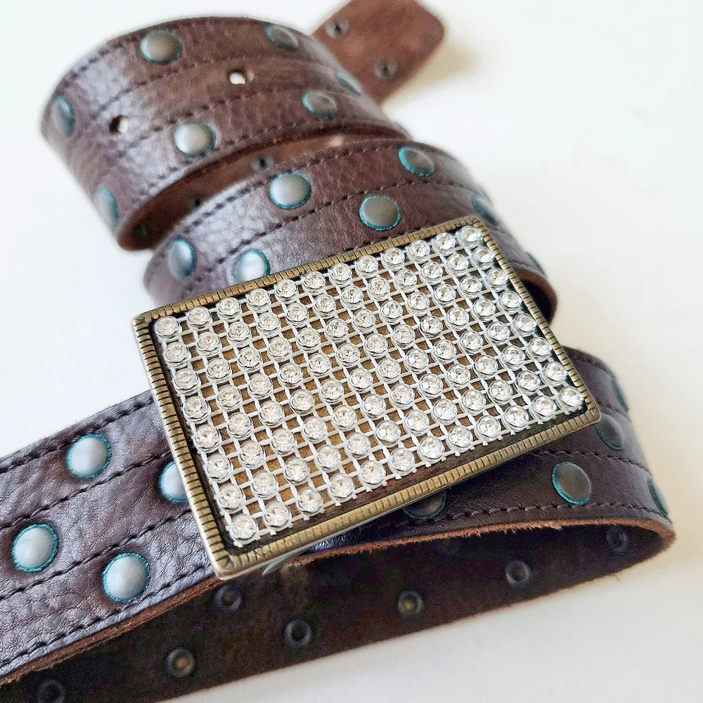 💎Vintage Genuine Leather Studded Belt Rhinestone Crystal Buckle Western Y2K
